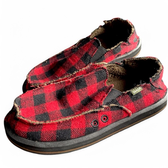 Sanuk Cozy Red and Black Plaid Slip-On Loafers - Picture 4 of 7